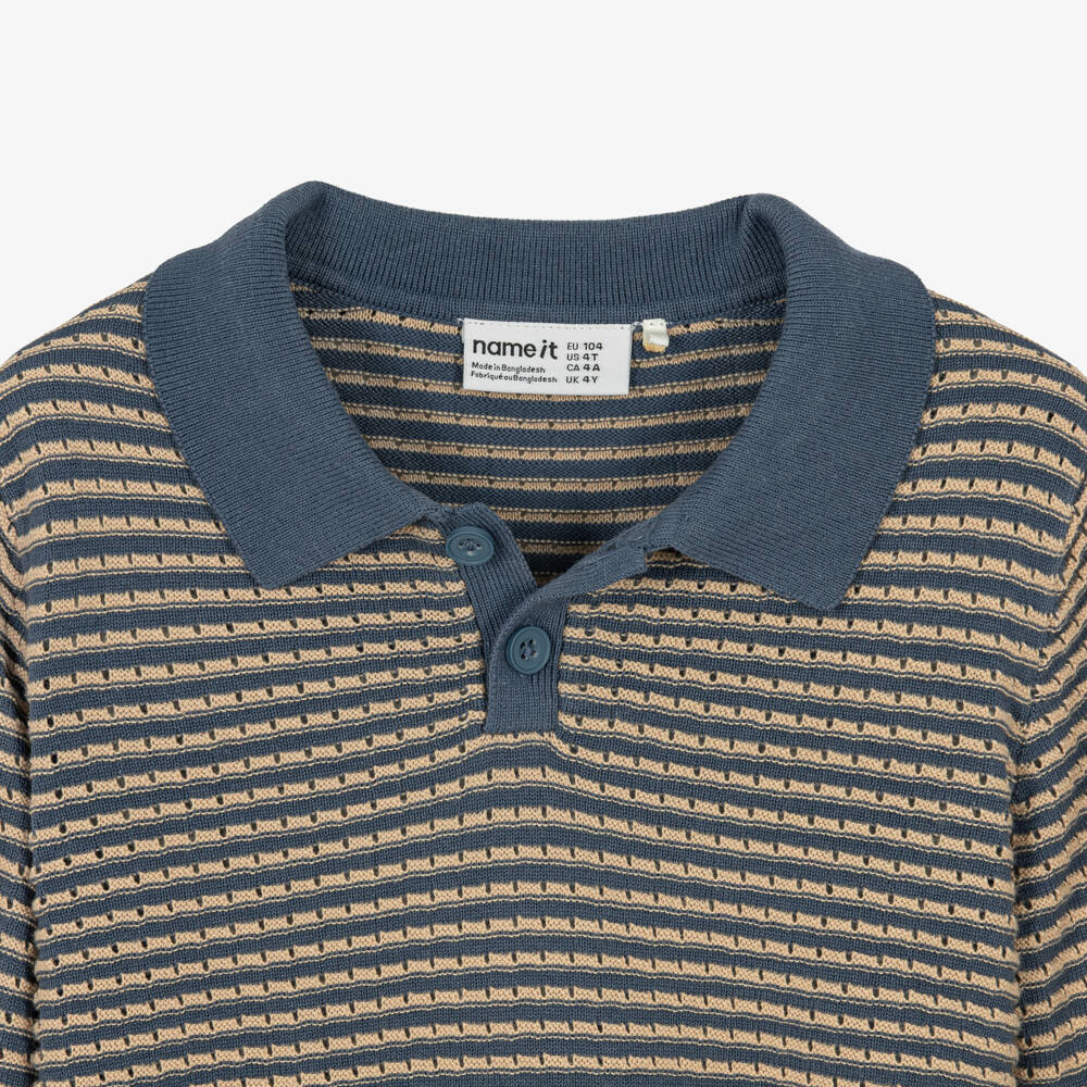 NAME IT-Boys Blue & Beige Striped Knit Polo Sweater | Childrensalon