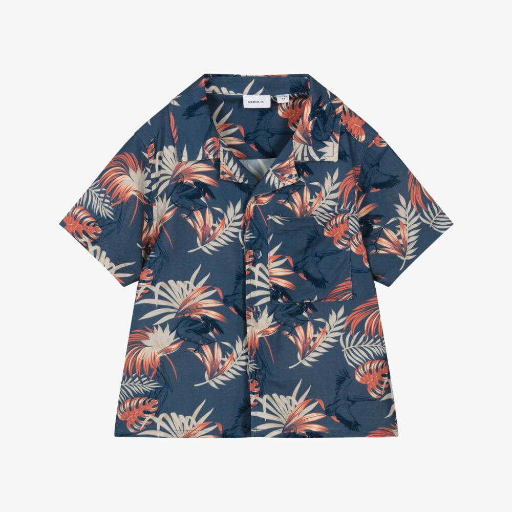 NAME IT-Boys Blue Botanical & Pelican Print Shirt | Childrensalon