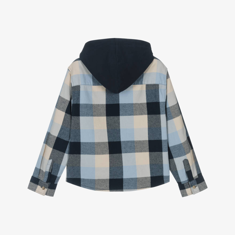 NAME IT-Boys Blue Check Organic Cotton Hooded Shirt | Childrensalon