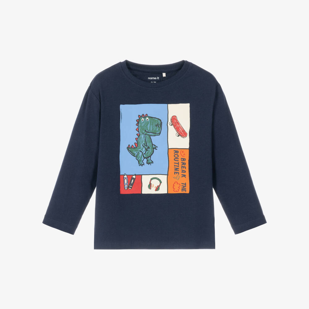 NAME IT-Boys Blue Cotton Dinosaur Print Top | Childrensalon