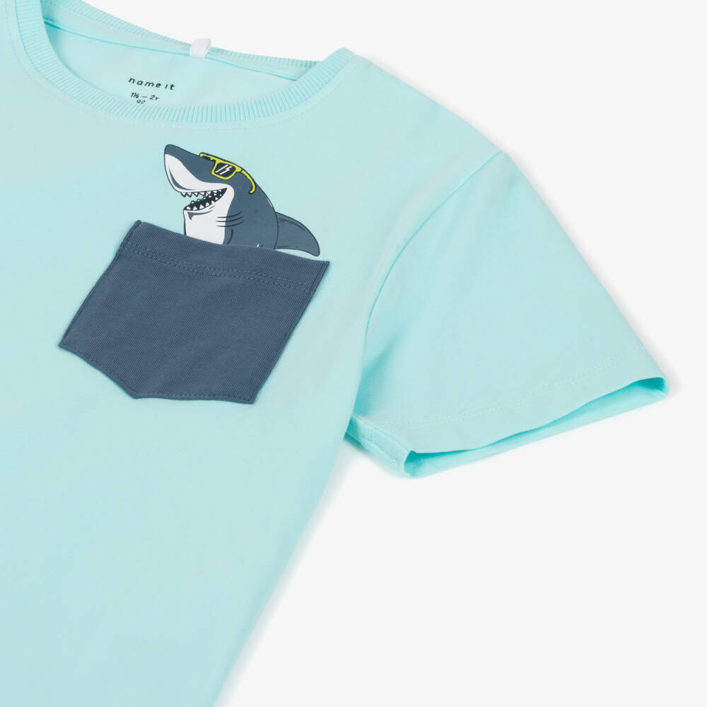 NAME IT-Boys Blue Cotton Shark Pocket T-Shirt | Childrensalon