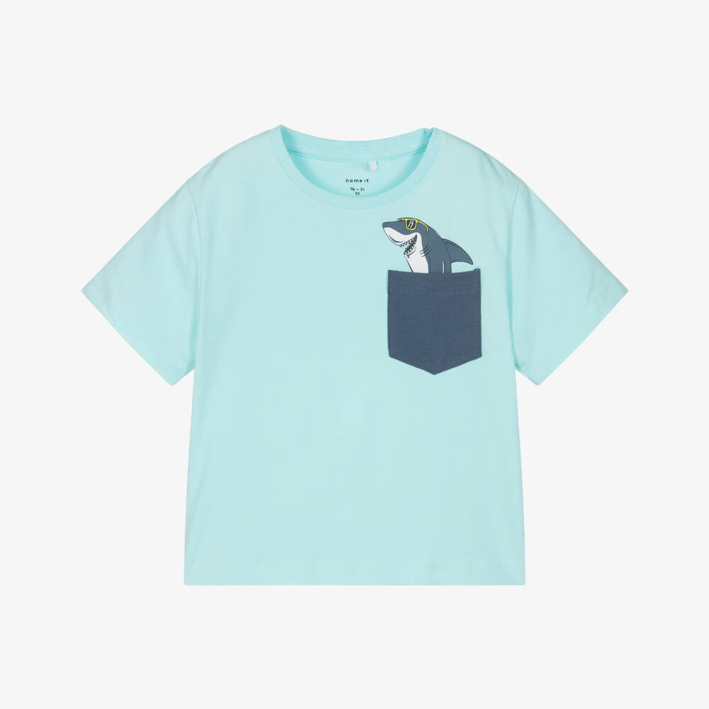 NAME IT-Boys Blue Cotton Shark Pocket T-Shirt | Childrensalon
