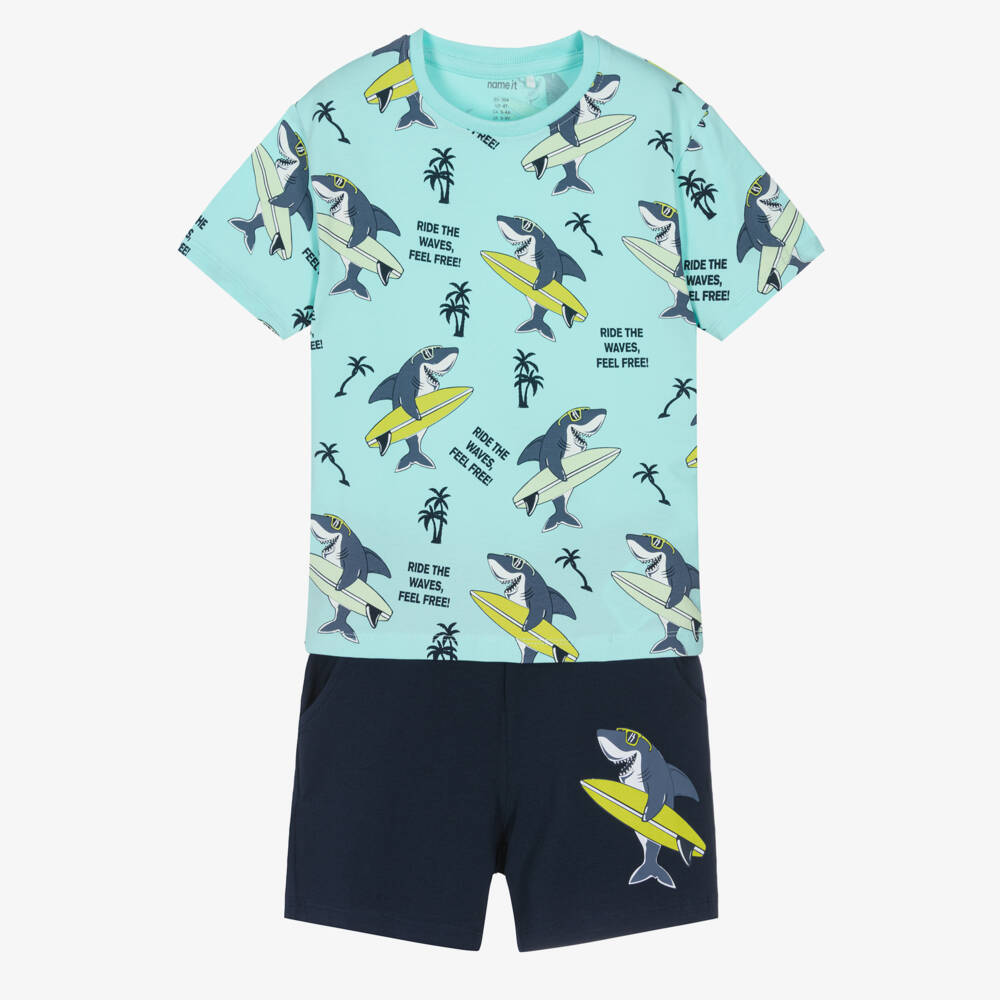 NAME IT-Boys Blue Cotton Shorts Set with Surfing Shark Print | Childrensalon