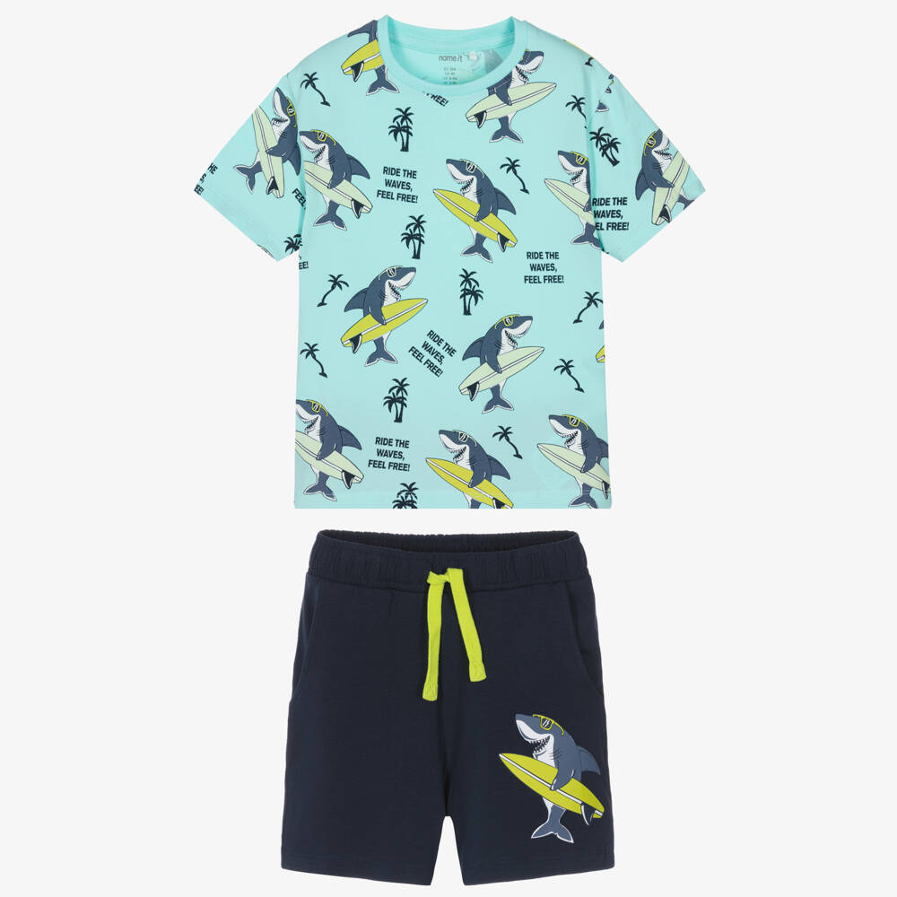 NAME IT-Boys Blue Cotton Shorts Set with Surfing Shark Print | Childrensalon