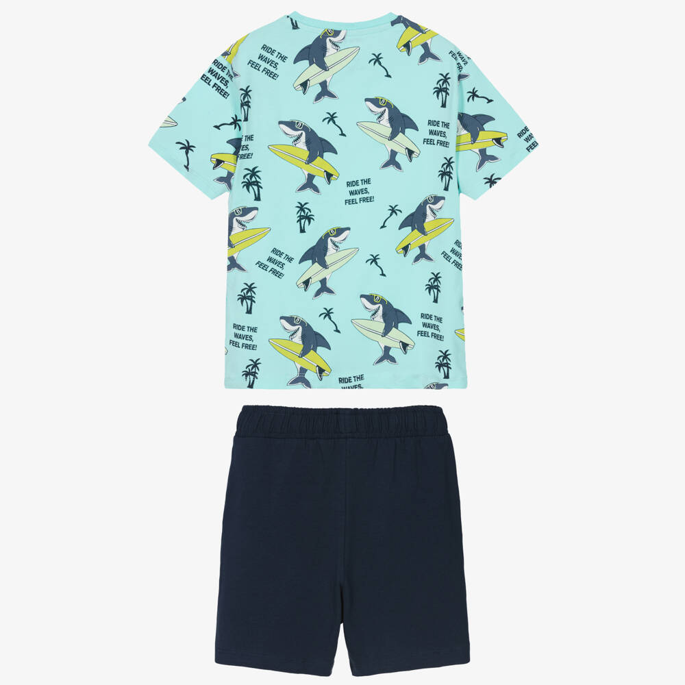 NAME IT-Boys Blue Cotton Shorts Set with Surfing Shark Print | Childrensalon