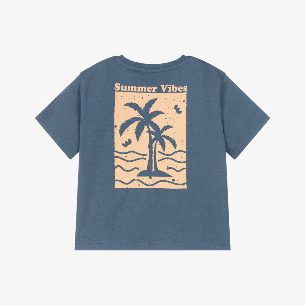 NAME IT-Boys Blue Cotton T-Shirt with Palm Tree Print | Childrensalon