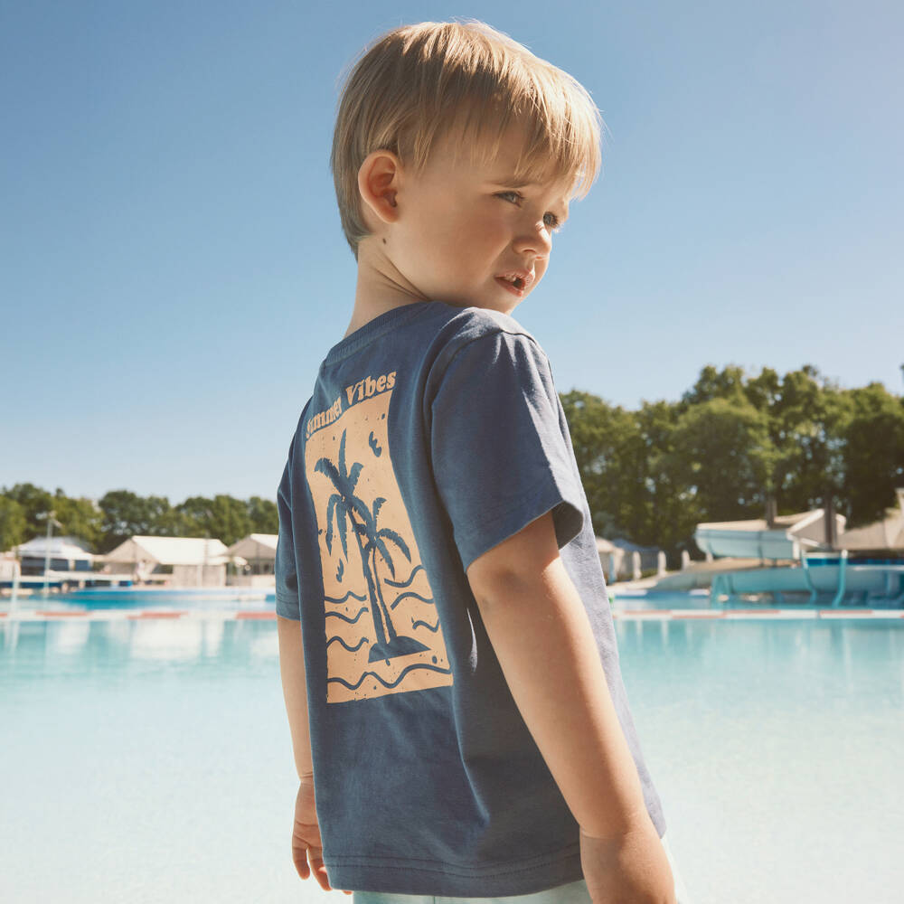 NAME IT-Boys Blue Cotton T-Shirt with Palm Tree Print | Childrensalon