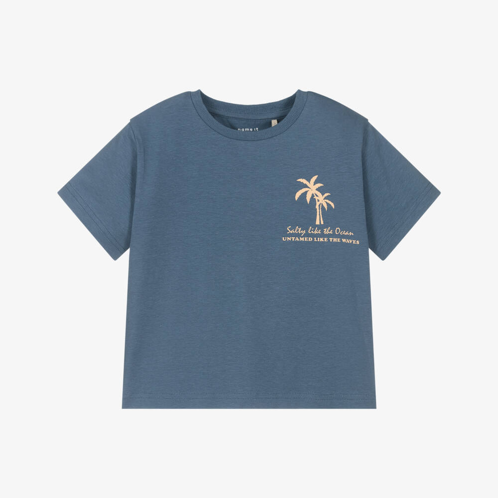NAME IT-Boys Blue Cotton T-Shirt with Palm Tree Print | Childrensalon