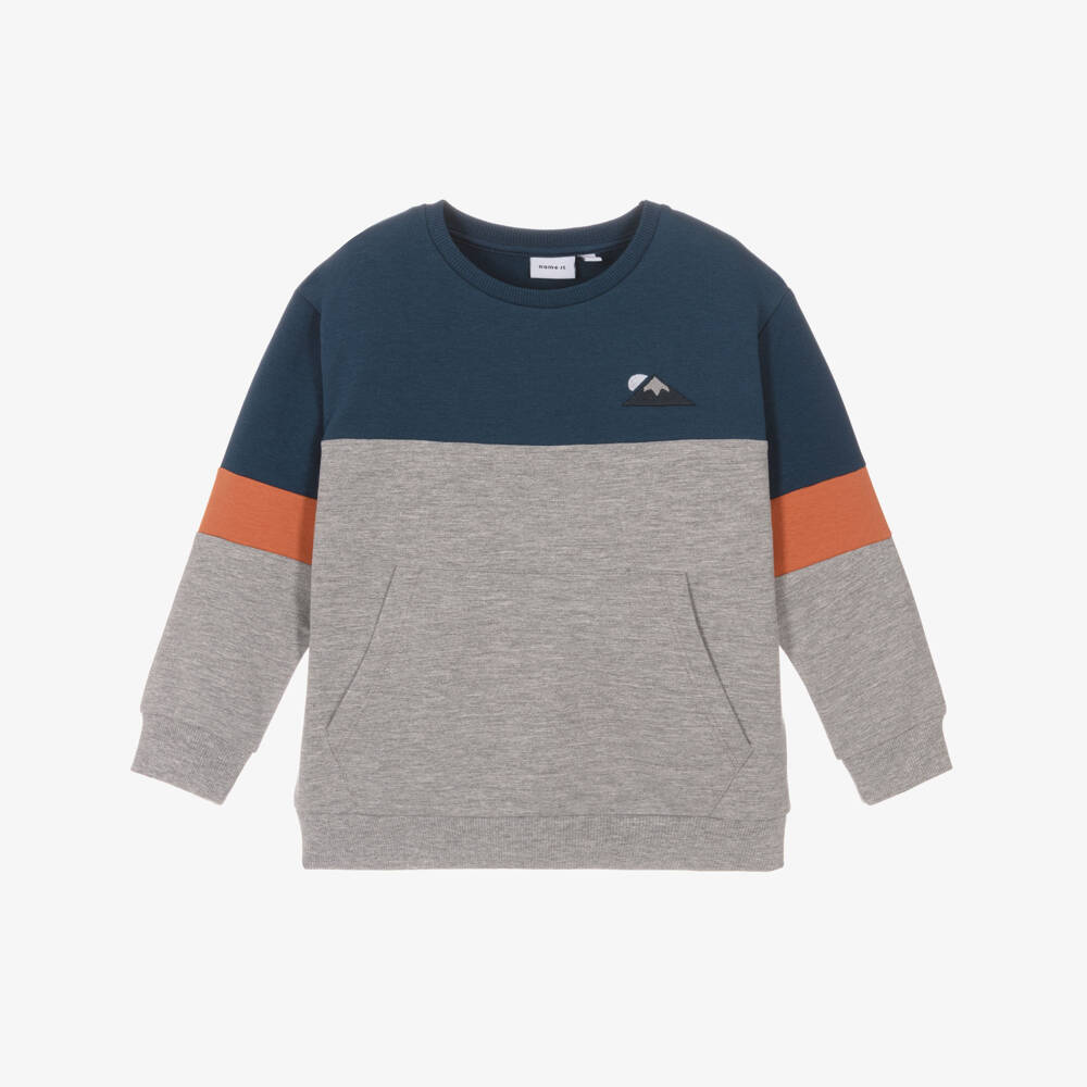 NAME IT-Boys Blue & Grey Marl Colourblock Cotton Sweatshirt | Childrensalon