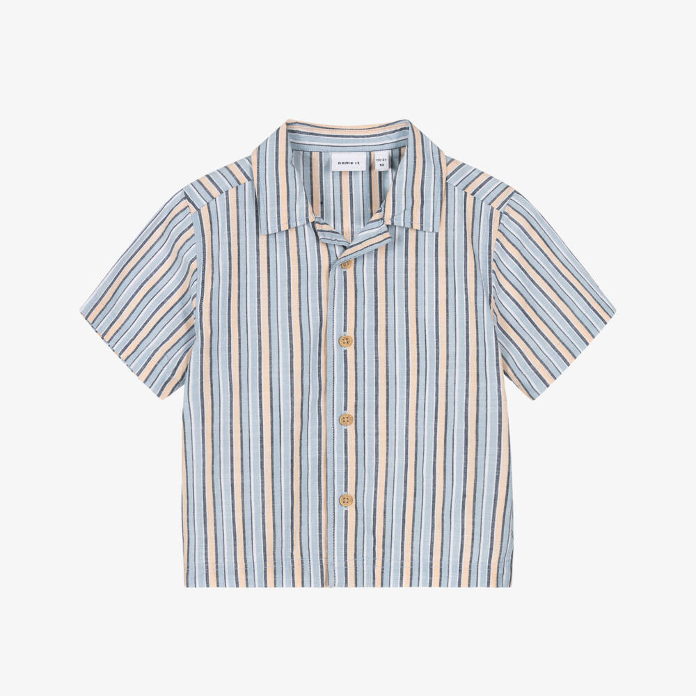 NAME IT-Boys Blue & Orange Stripe Cotton Shirt | Childrensalon