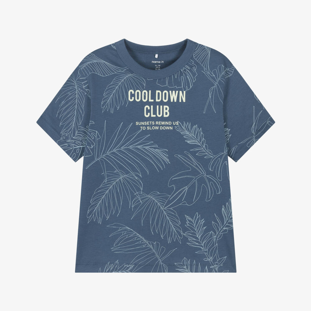 NAME IT-Boys Blue Organic Cotton T-Shirt with Tropical Leaf Print | Childrensalon