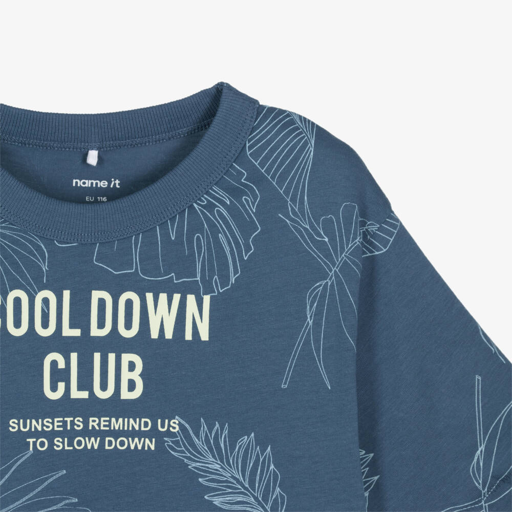 NAME IT-Boys Blue Organic Cotton T-Shirt with Tropical Leaf Print | Childrensalon