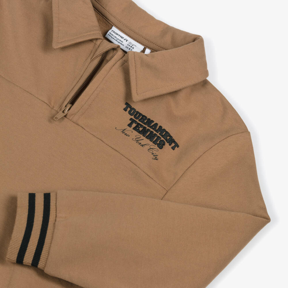 NAME IT-Boys Brown Organic Cotton Quarter Zip Sweatshirt | Childrensalon