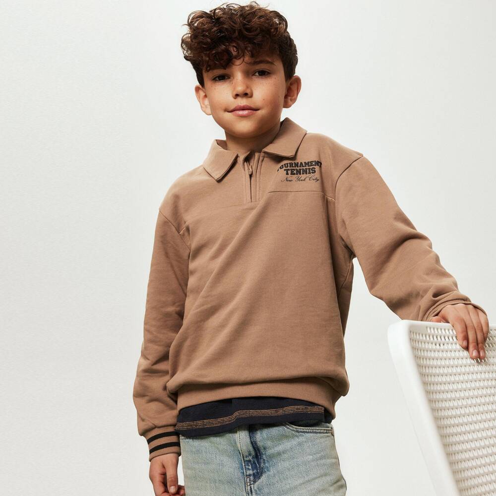 NAME IT-Boys Brown Organic Cotton Quarter Zip Sweatshirt | Childrensalon