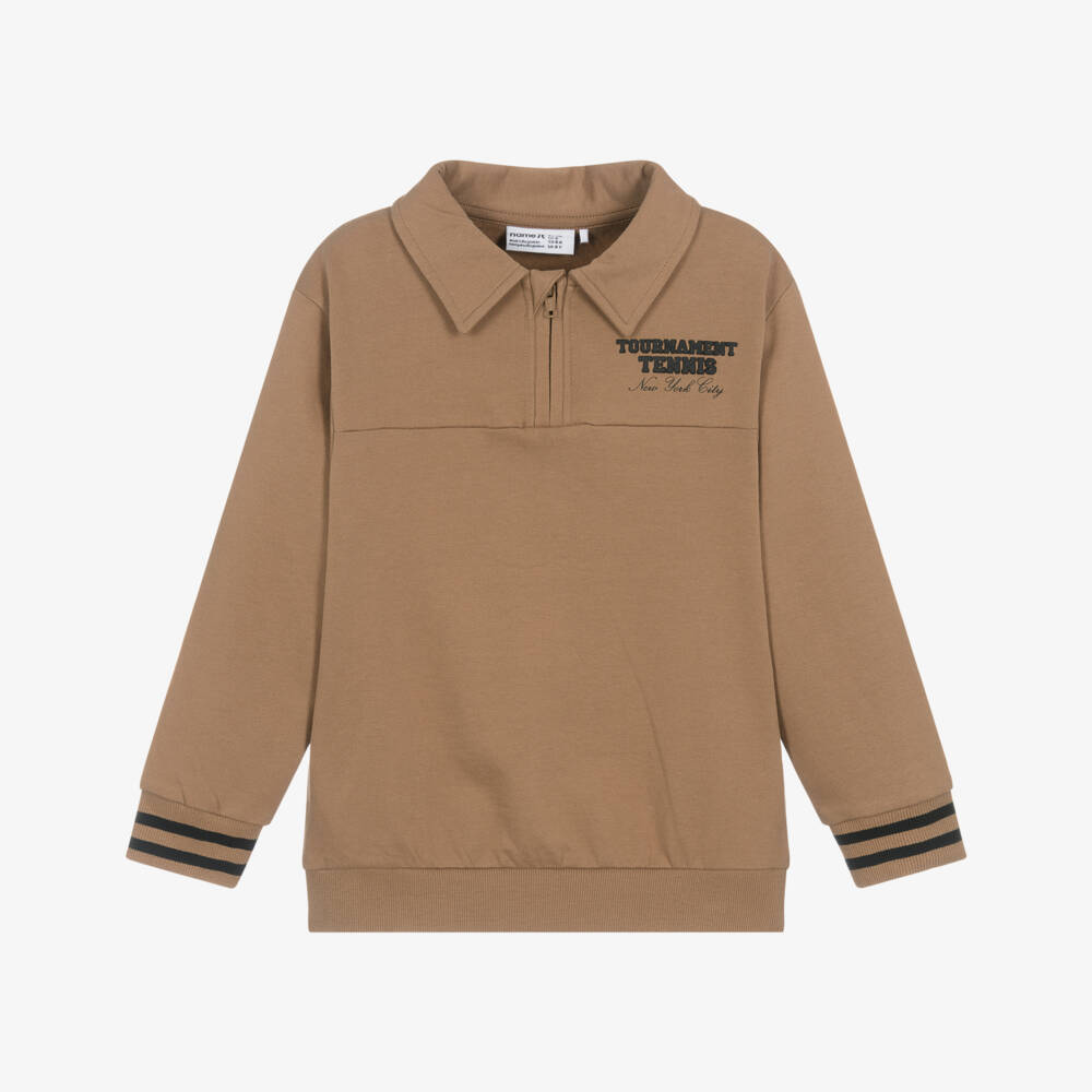 NAME IT-Boys Brown Organic Cotton Quarter Zip Sweatshirt | Childrensalon