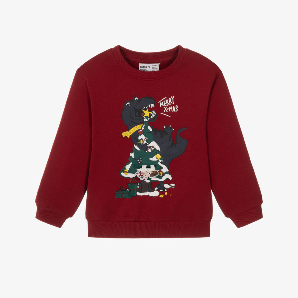 NAME IT-Boys Burgundy Red Christmas Dinosaur Sweatshirt | Childrensalon