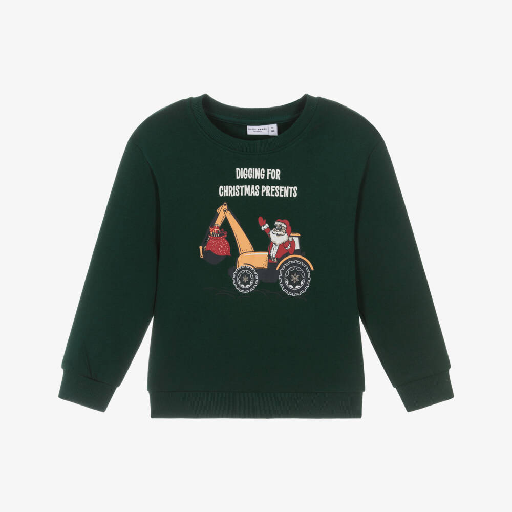 NAME IT-Boys Dark Green Cotton Festive Digger Sweatshirt | Childrensalon