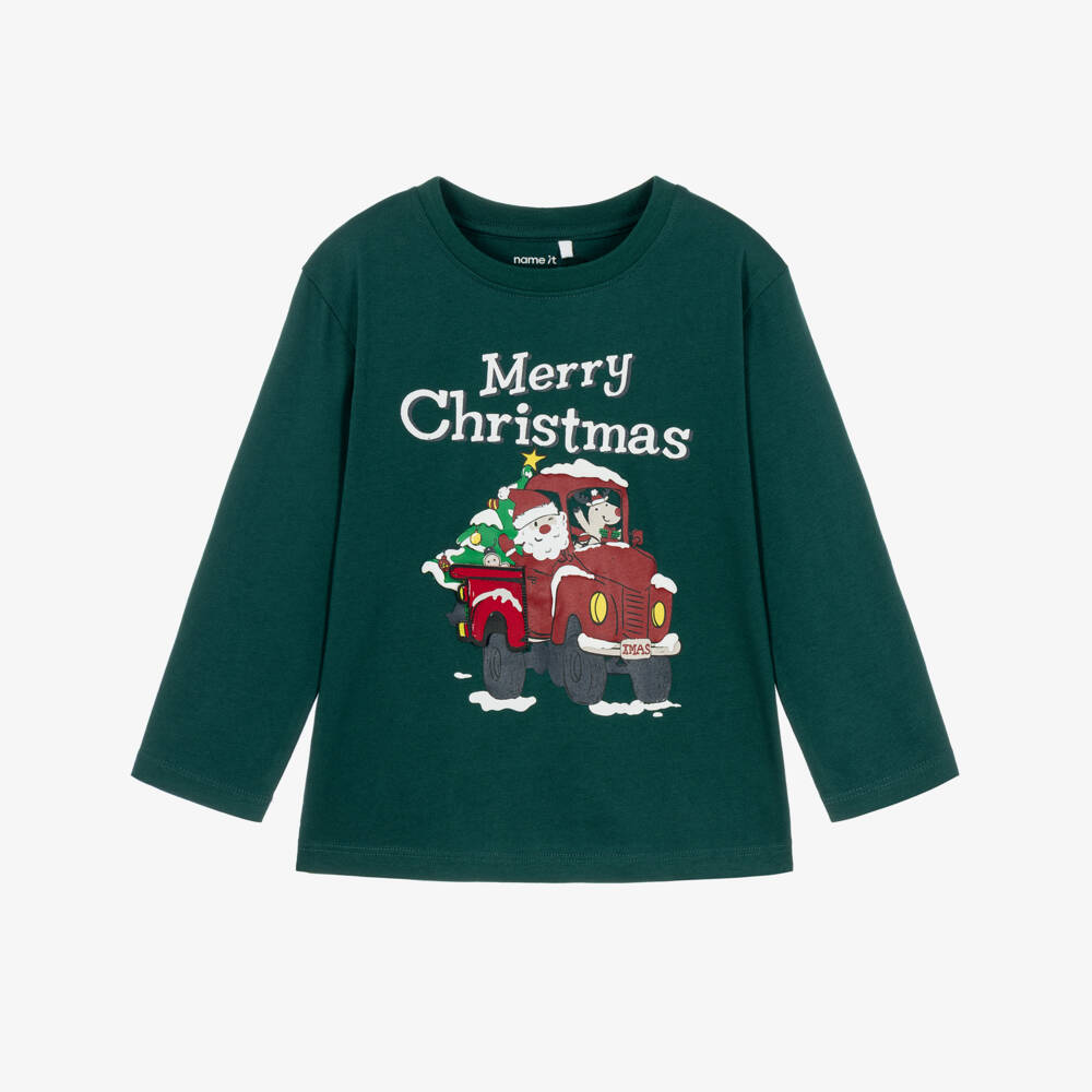 NAME IT-Boys Dark Green Cotton Santa Top | Childrensalon