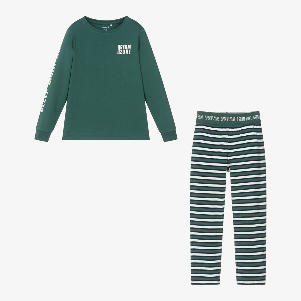 NAME IT-Boys Dark Green Striped Cotton Pyjamas | Childrensalon