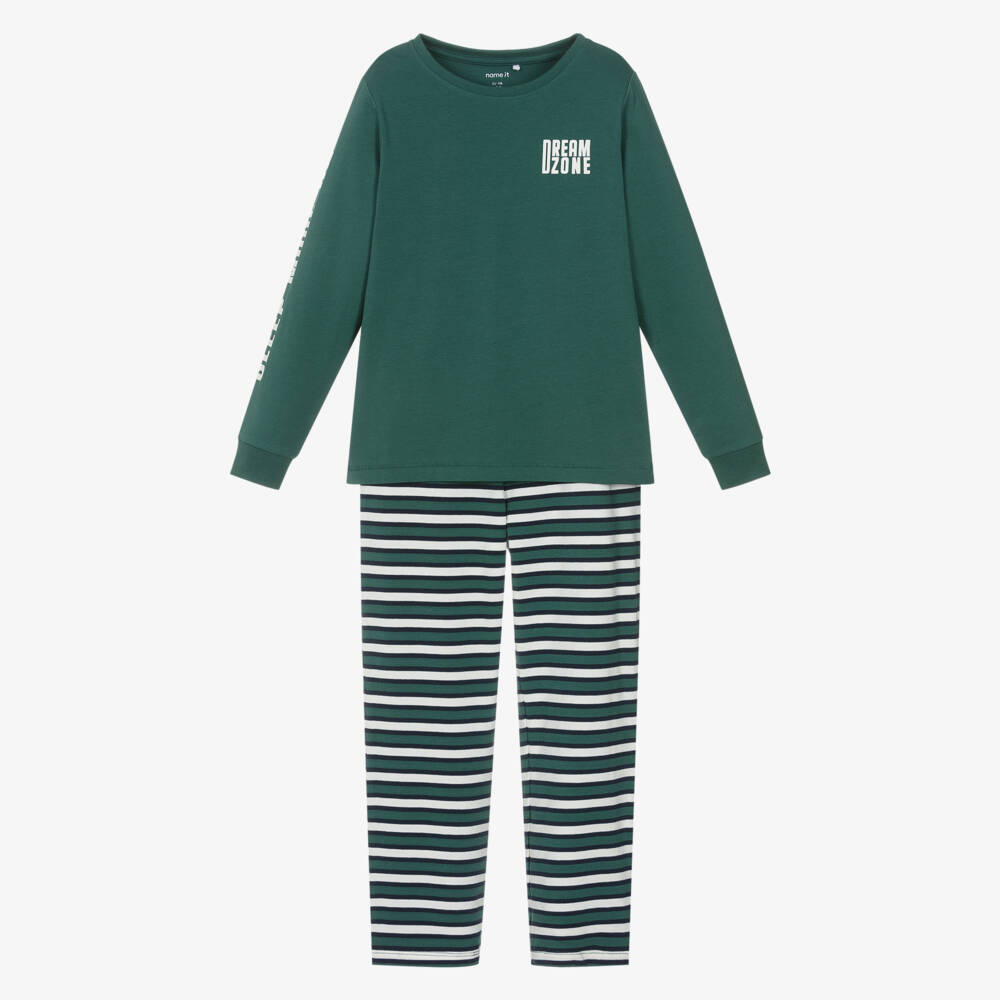 NAME IT-Boys Dark Green Striped Cotton Pyjamas | Childrensalon