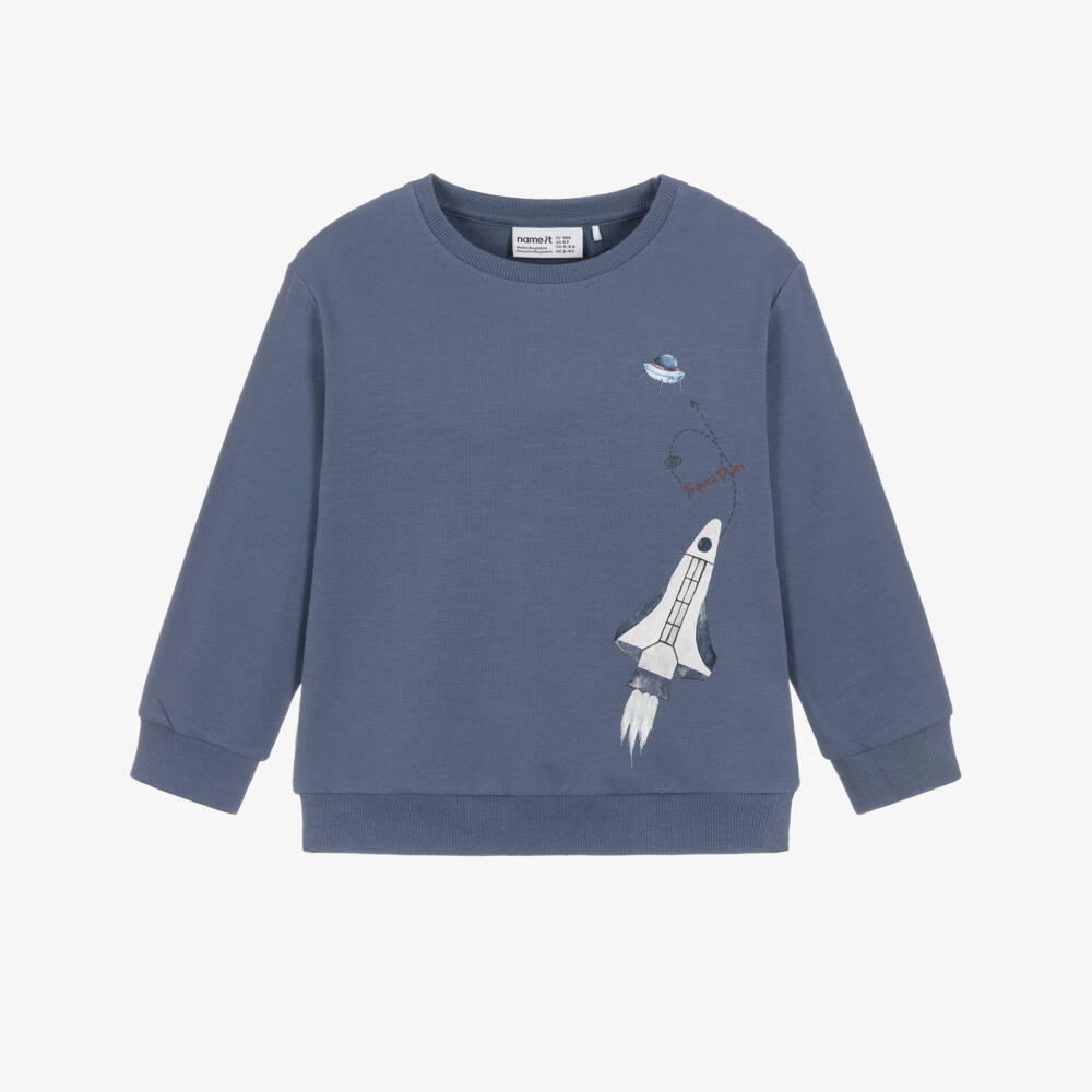 NAME IT-Boys Dusty Blue Organic Cotton Sweatshirt with Rocket Motif | Childrensalon