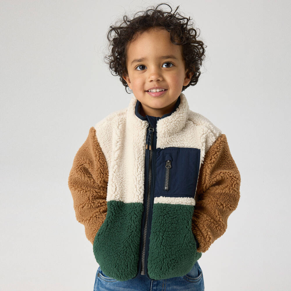 NAME IT-Boys Green & Beige Colourblock Teddy Fleece Jacket | Childrensalon