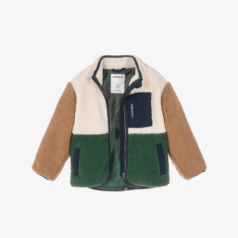 NAME IT-Boys Green & Beige Colourblock Teddy Fleece Jacket | Childrensalon