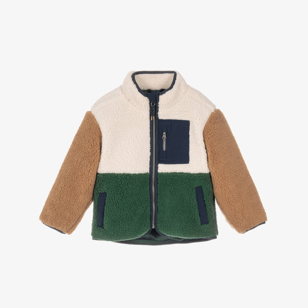 NAME IT-Boys Green & Beige Colourblock Teddy Fleece Jacket | Childrensalon