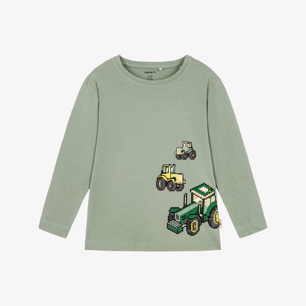 NAME IT-Boys Green Cotton Top with Pixelated Tractor Print | Childrensalon