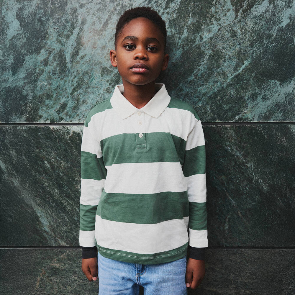 NAME IT-Boys Green & Ivory Striped Cotton Rugby Shirt | Childrensalon
