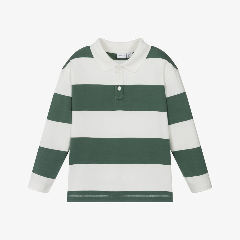NAME IT-Boys Green & Ivory Striped Cotton Rugby Shirt | Childrensalon