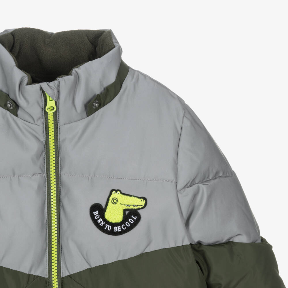 NAME IT-Boys Green & Light Reflective Dinosaur Puffer Jacket | Childrensalon