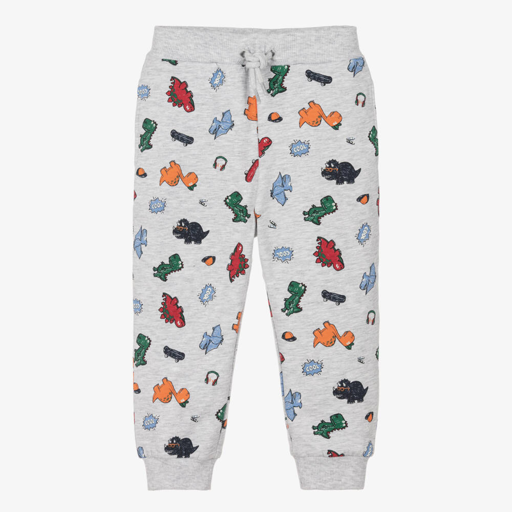 NAME IT-Boys Grey Cotton Joggers with Colourful Dinosaur Print | Childrensalon