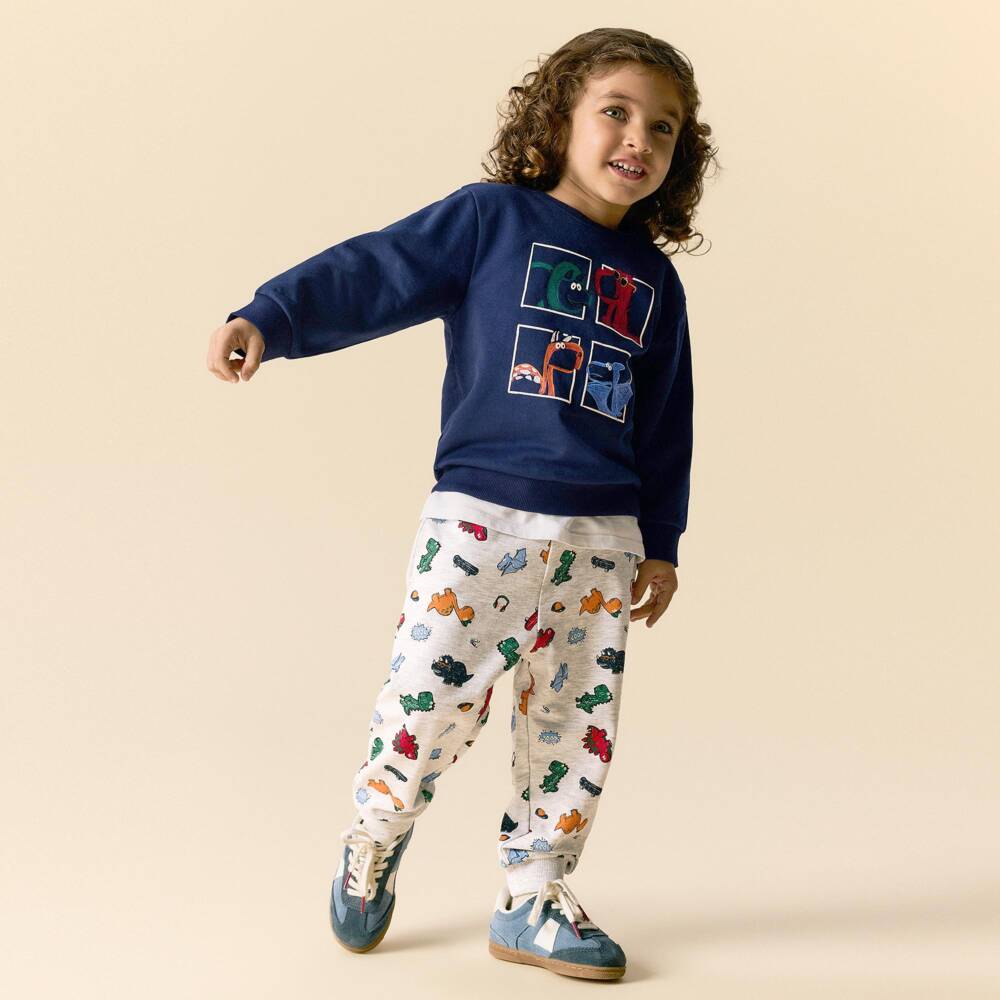 NAME IT-Boys Grey Cotton Joggers with Colourful Dinosaur Print | Childrensalon