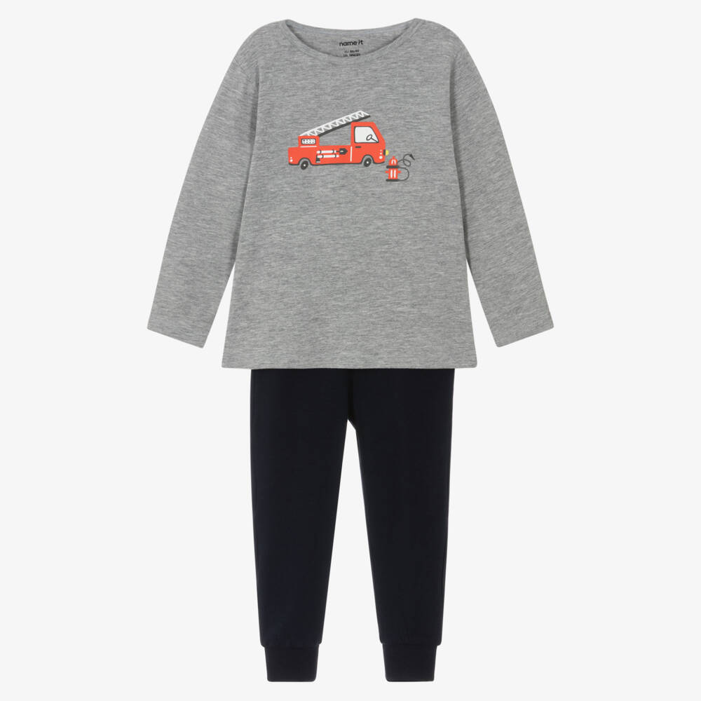 NAME IT-Boys Grey & Navy Blue Fire Engine Print Pyjamas | Childrensalon