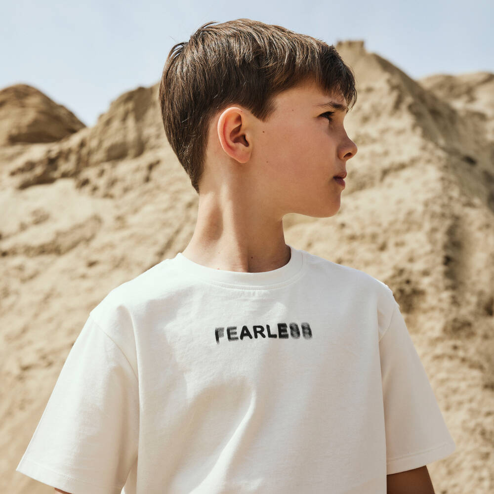 NAME IT-Boys Ivory Cotton T-Shirt with Blurred Fearless Print | Childrensalon