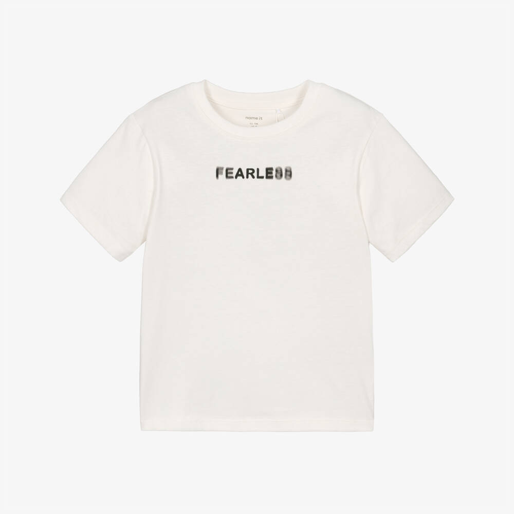 NAME IT-Boys Ivory Cotton T-Shirt with Blurred Fearless Print | Childrensalon
