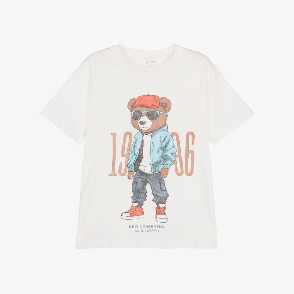 NAME IT-Boys Ivory Cotton T-Shirt with Cool Bear Print | Childrensalon