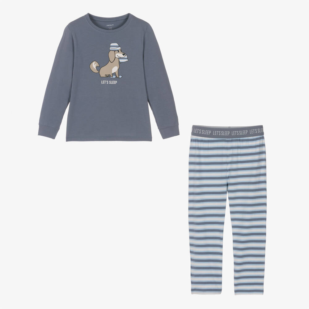 NAME IT-Boys Mid Blue Stripe Cotton Jersey Pyjamas with Dog Print | Childrensalon