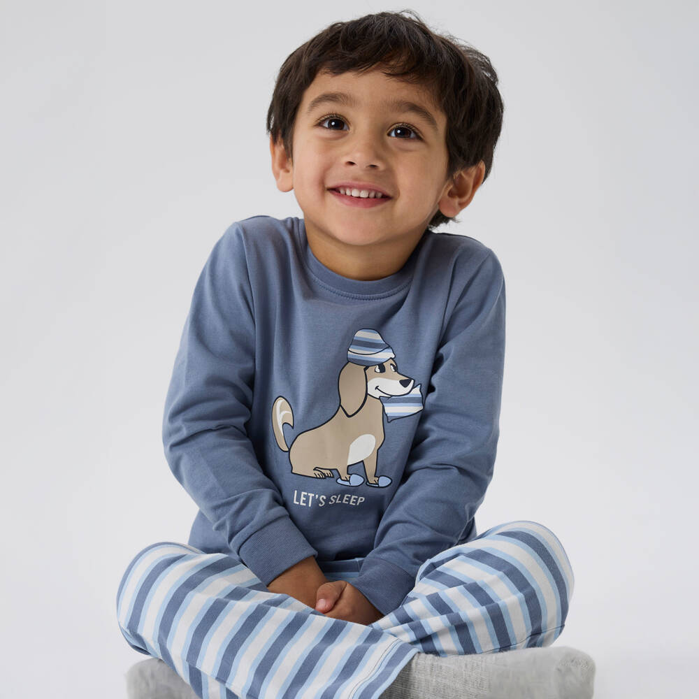 NAME IT-Boys Mid Blue Stripe Cotton Jersey Pyjamas with Dog Print | Childrensalon