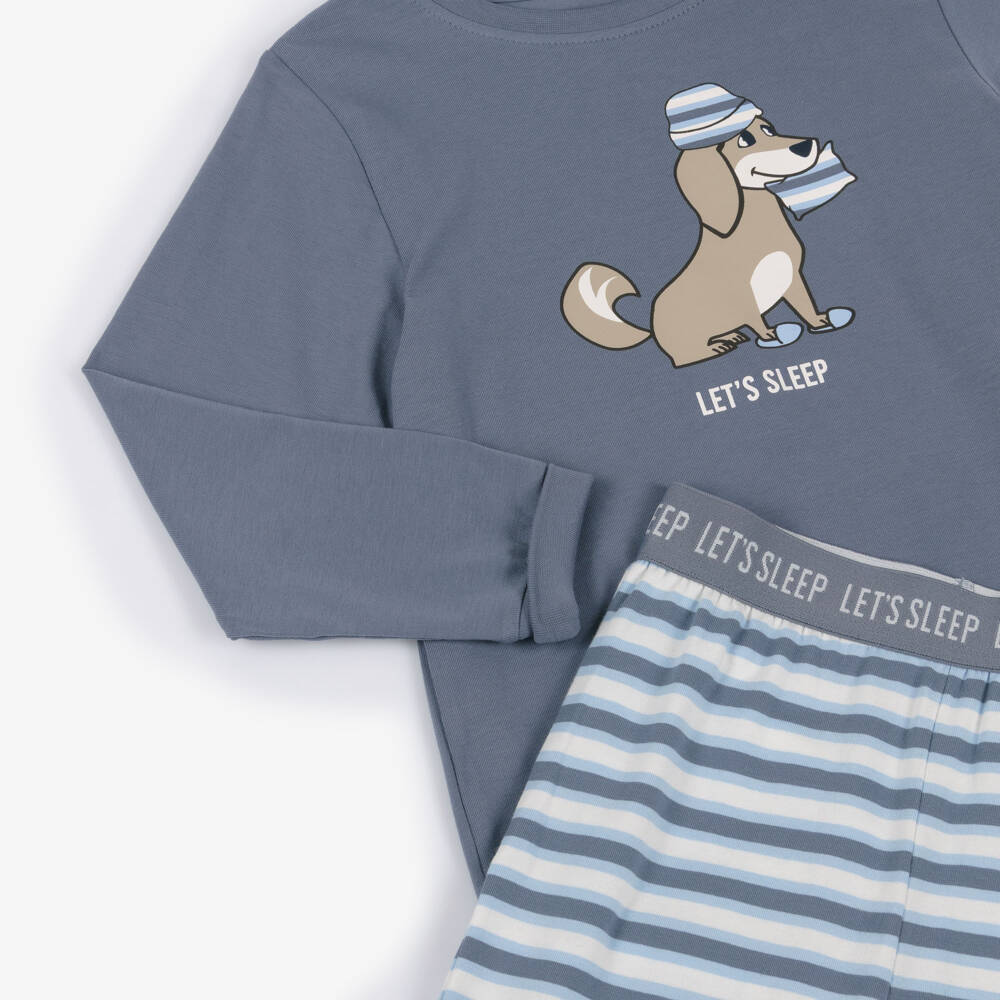 NAME IT-Boys Mid Blue Stripe Cotton Jersey Pyjamas with Dog Print | Childrensalon