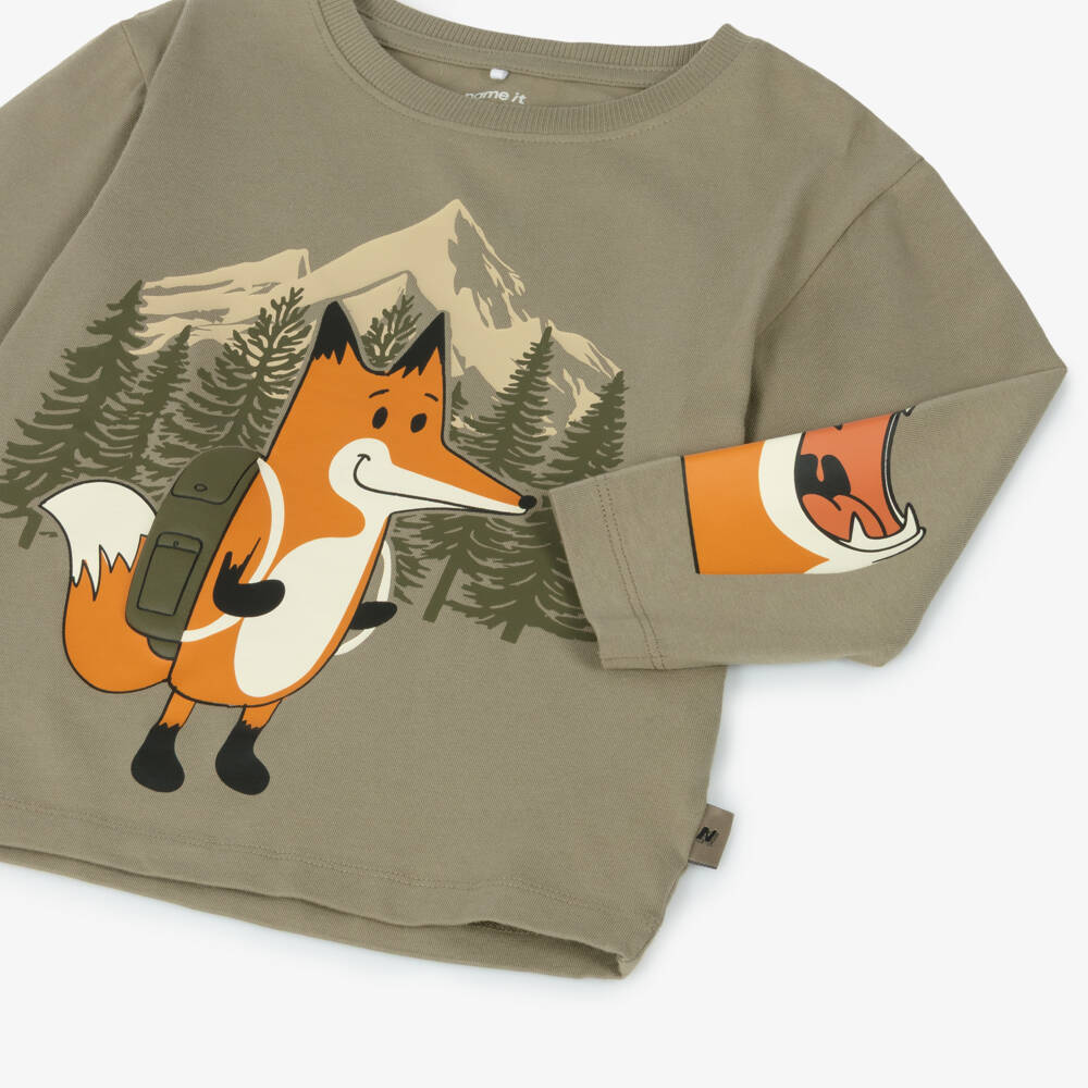 NAME IT-Boys Moss Green T-Shirt with Fox Print | Childrensalon