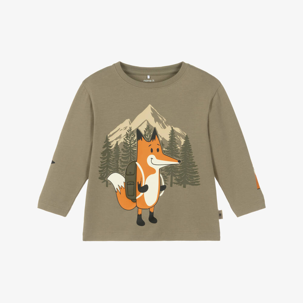 NAME IT-Boys Moss Green T-Shirt with Fox Print | Childrensalon