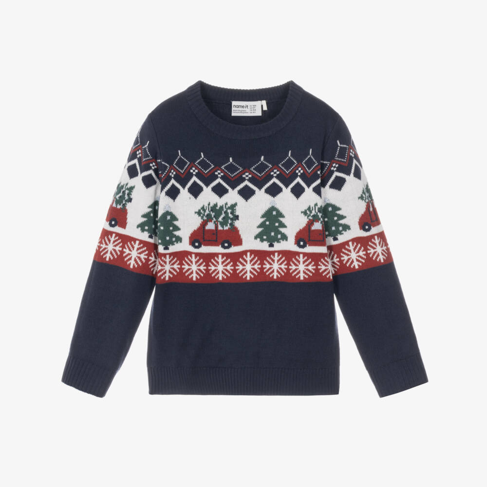 NAME IT-Boys Navy Blue Christmas Tree Fair Isle Sweater  | Childrensalon