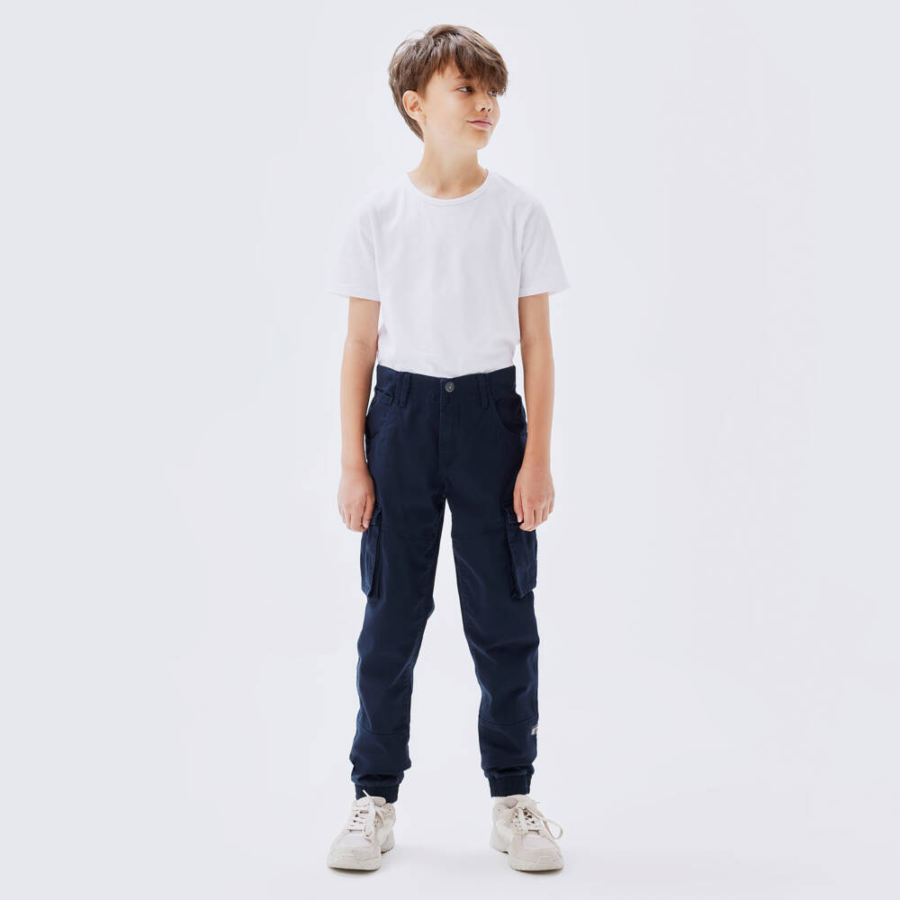NAME IT-Boys Navy Blue Cotton Cargo Trousers | Childrensalon