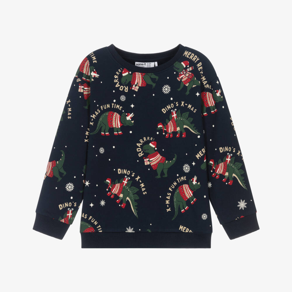 NAME IT-Boys Navy Blue Cotton Festive Dinosaur Sweatshirt | Childrensalon