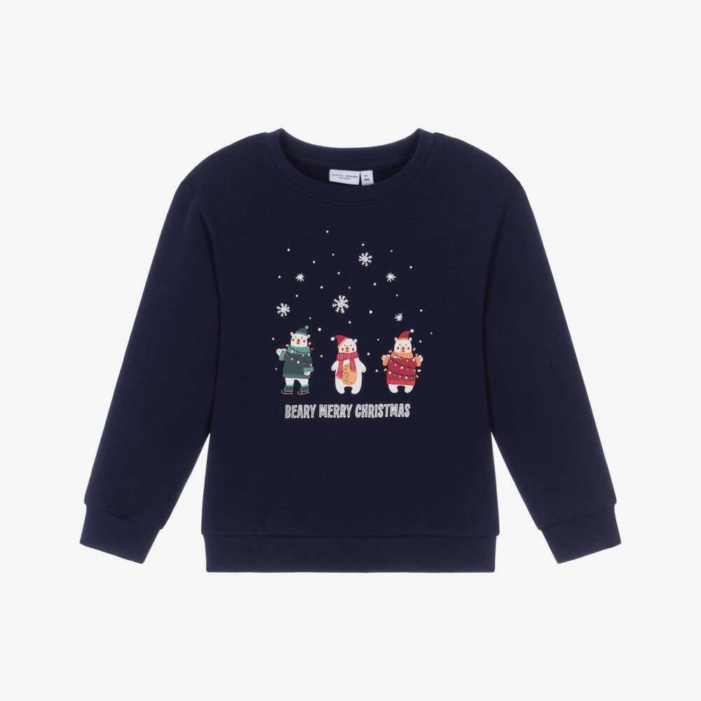 NAME IT-Boys Navy Blue Cotton Festive Polar Bear Sweatshirt | Childrensalon
