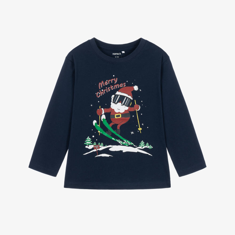 NAME IT-Boys Navy Blue Cotton Santa Top | Childrensalon