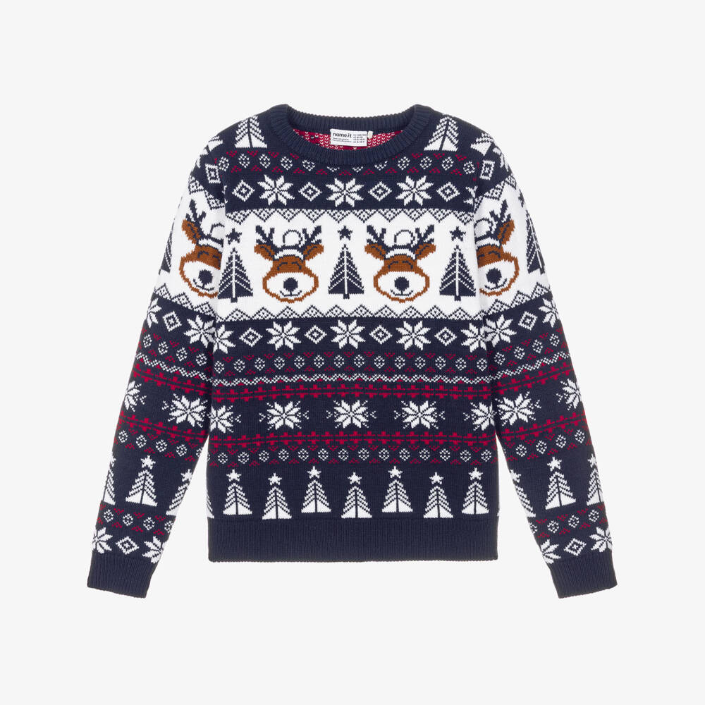 NAME IT-Boys Navy Blue Festive Reindeer Sweater  | Childrensalon