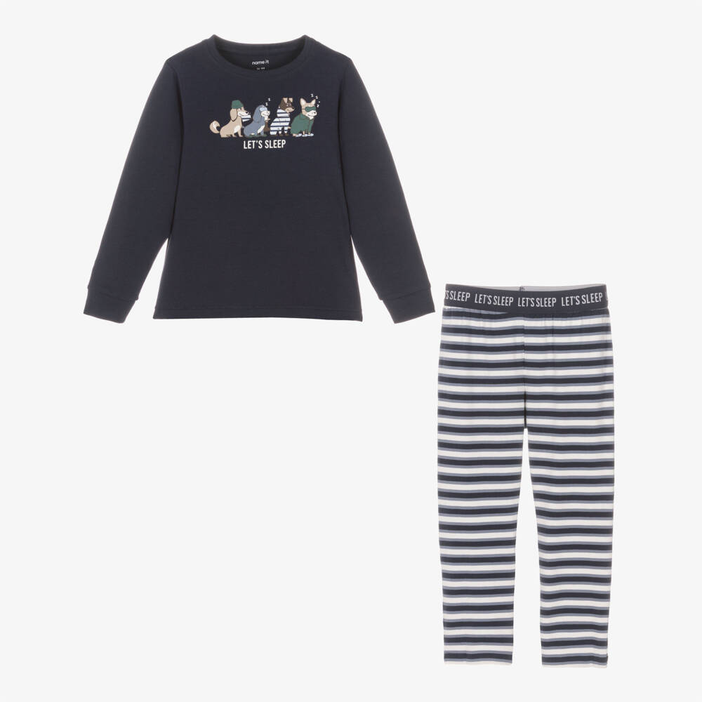 NAME IT-Boys Navy Blue Stripe Cotton Jersey Pyjamas with Dog Print | Childrensalon